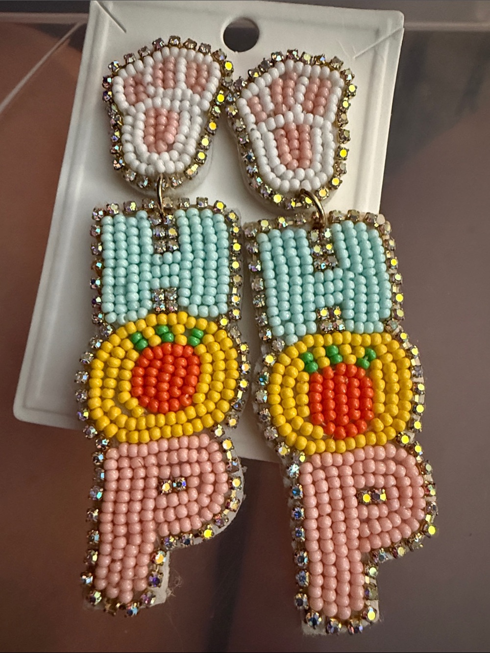 Beaded 'HOP' Easter Earrings — Pink, Yellow, Aqua women’s